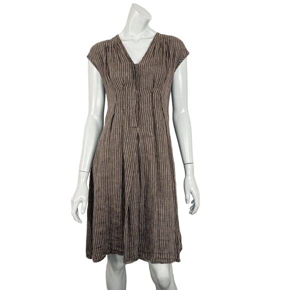 Khadi and Co Bess Nielsen Linen Dress in Brown grey stripe y Size Small - Picture 1 of 9